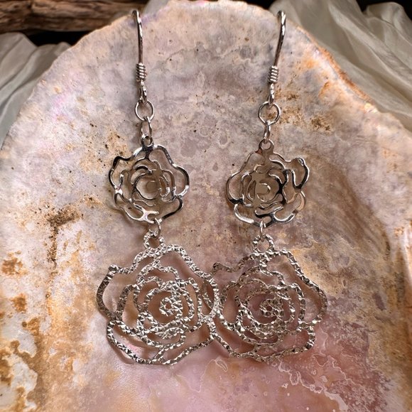 Silver Rose Flower Danlge Earrings - Picture 1 of 2